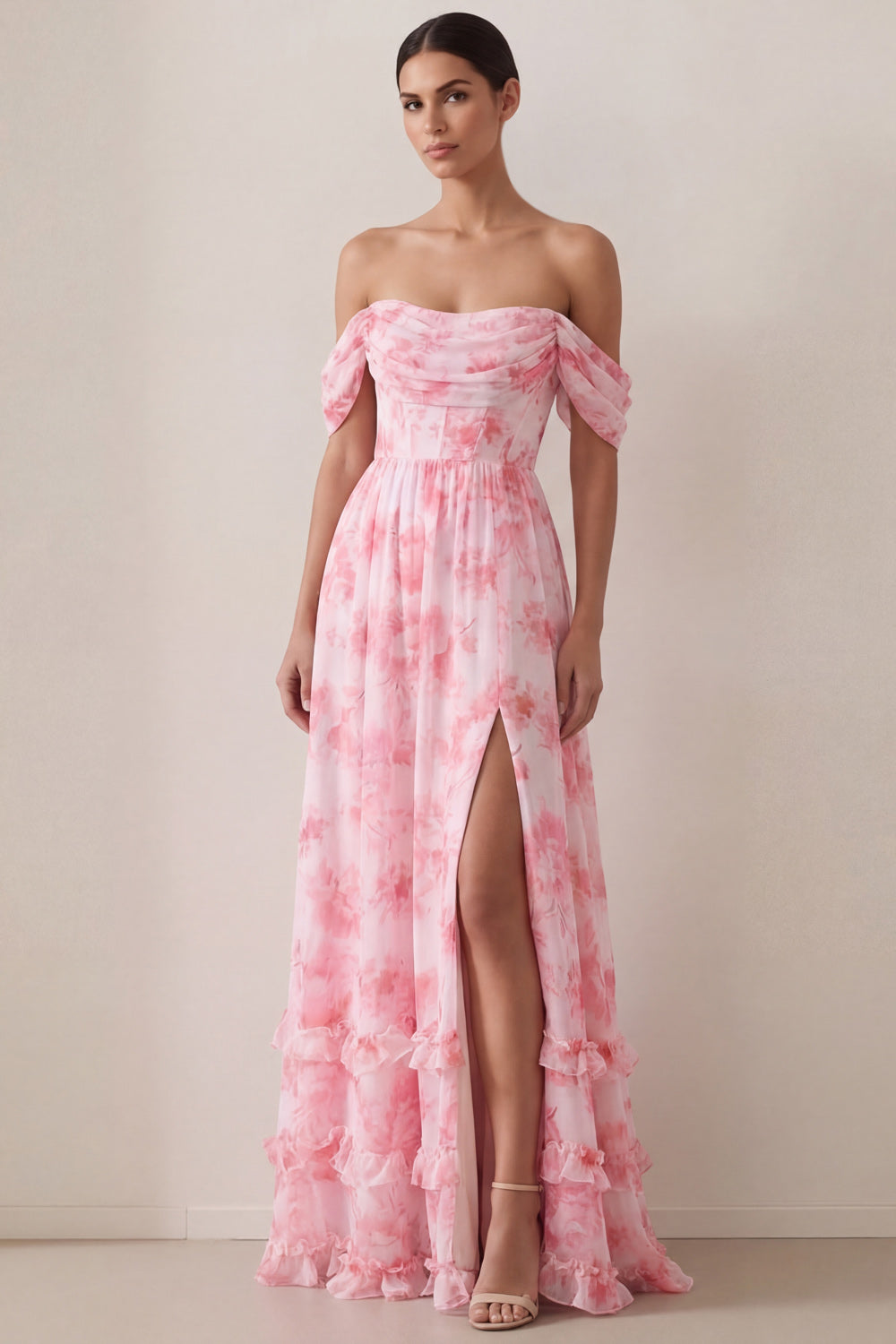 Leely Women Light Pink Floral A Line Long Beach Wedding Guest Dress with Slit Off the Shoulder Backless Sleeveless Garden Party Dress