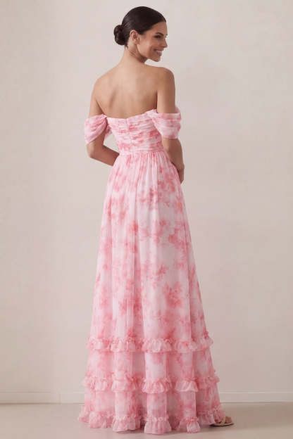 Light Pink Floral A Line Off the Shoulder Long Beach Wedding Guest Dress with Slit