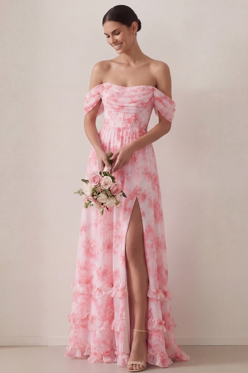 Light Pink Floral A Line Off the Shoulder Long Beach Wedding Guest Dress with Slit