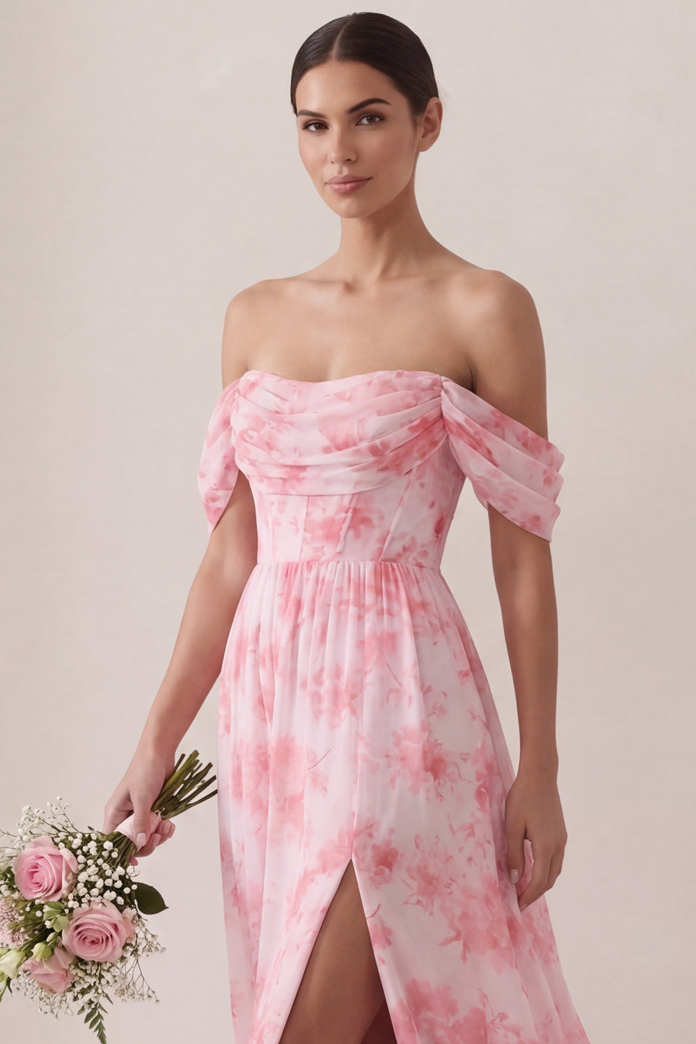 Light Pink Floral A Line Off the Shoulder Long Beach Wedding Guest Dress with Slit