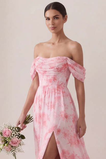 Light Pink Floral A Line Off the Shoulder Long Beach Wedding Guest Dress with Slit