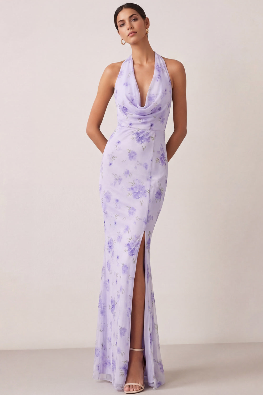Leely Women Sheath Lilac Floral Long Beach Wedding Guest Dress with Slit Halter Neck Backless Sleeveless Garden Party Dress