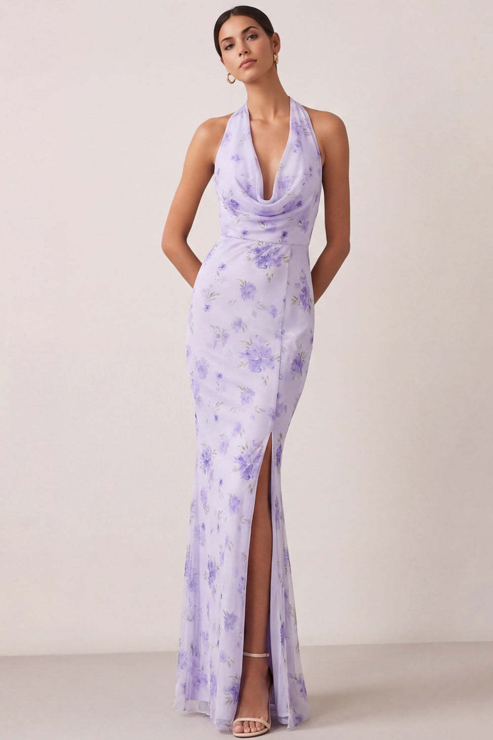 Leely Women Sheath Lilac Floral Long Beach Wedding Guest Dress with Slit Halter Neck Backless Sleeveless Garden Party Dress