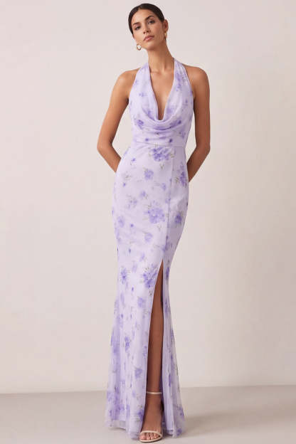 Leely Women Sheath Lilac Floral Long Beach Wedding Guest Dress with Slit Halter Neck Backless Sleeveless Garden Party Dress