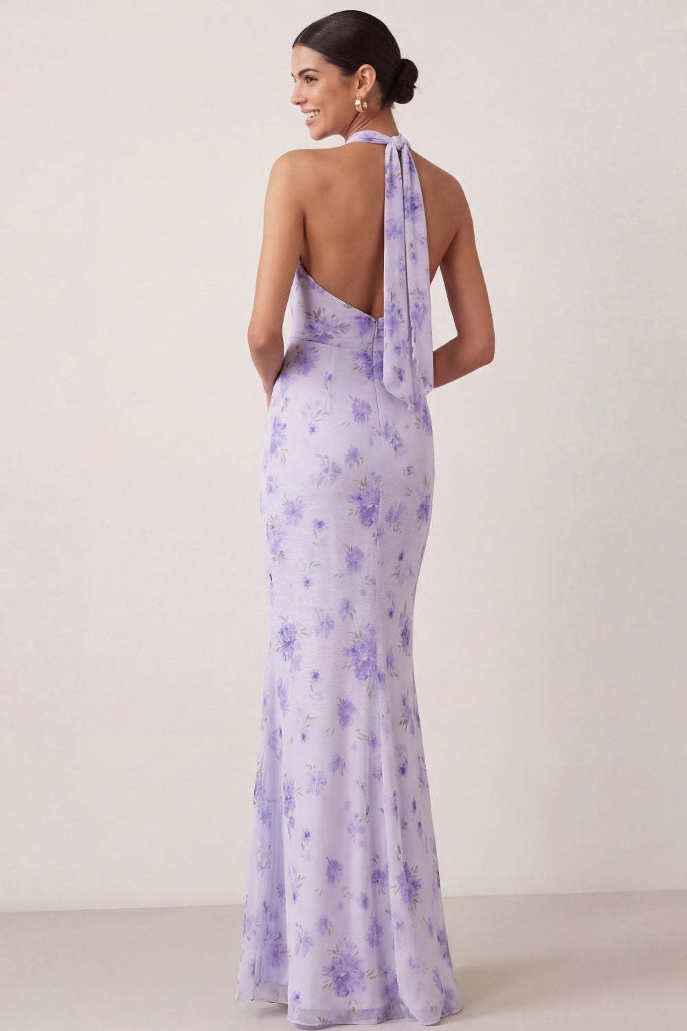Sheath Lilac Floral Halter Neck Long Beach Wedding Guest Dress with Slit