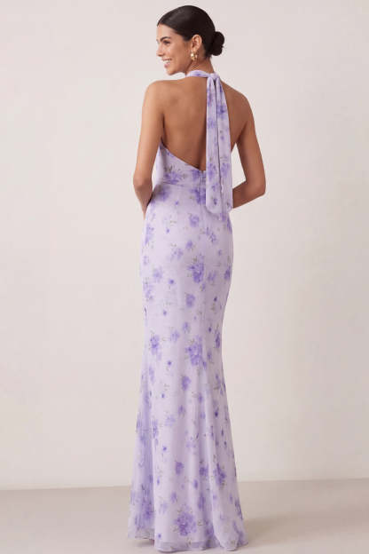 Sheath Lilac Floral Halter Neck Long Beach Wedding Guest Dress with Slit