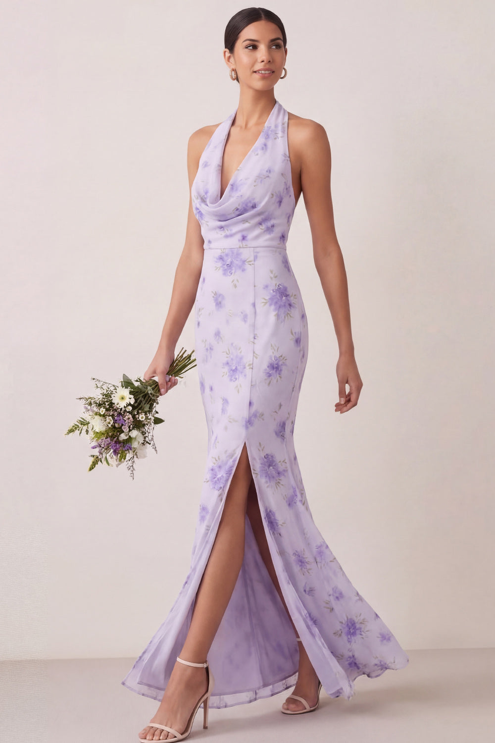 Sheath Lilac Floral Halter Neck Long Beach Wedding Guest Dress with Slit
