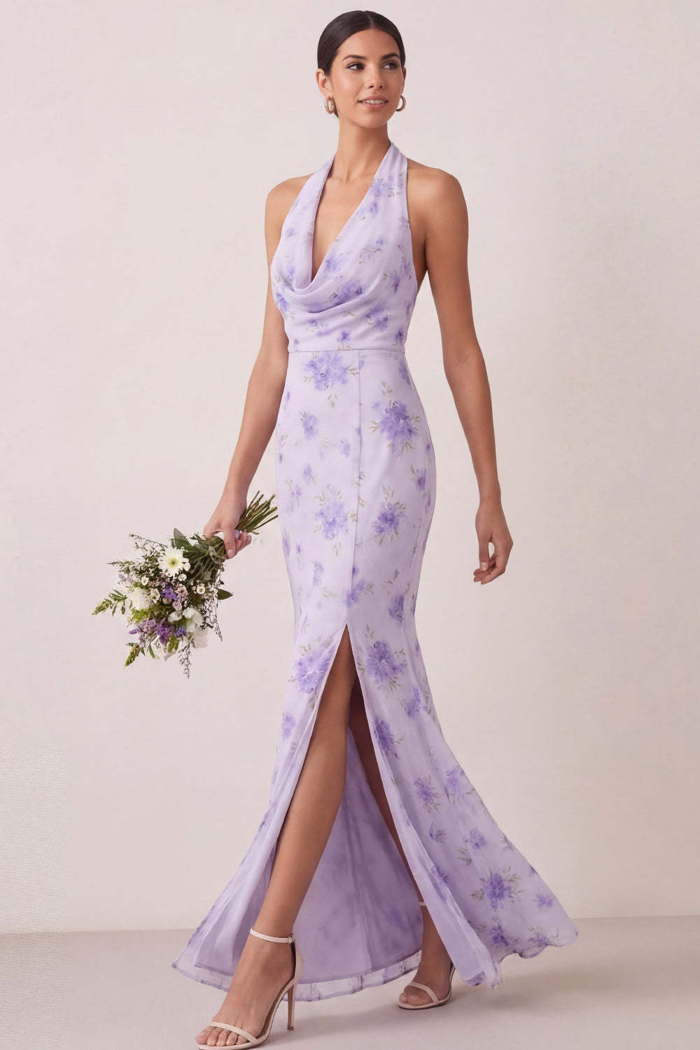 Sheath Lilac Floral Halter Neck Long Beach Wedding Guest Dress with Slit