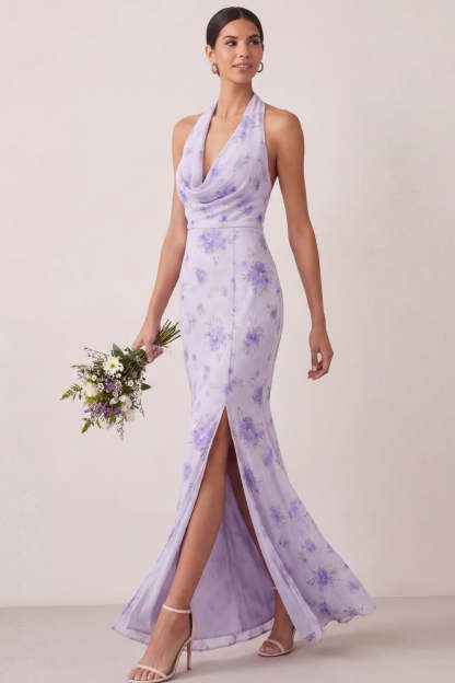 Sheath Lilac Floral Halter Neck Long Beach Wedding Guest Dress with Slit