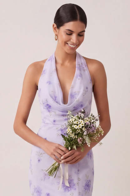 Sheath Lilac Floral Halter Neck Long Beach Wedding Guest Dress with Slit
