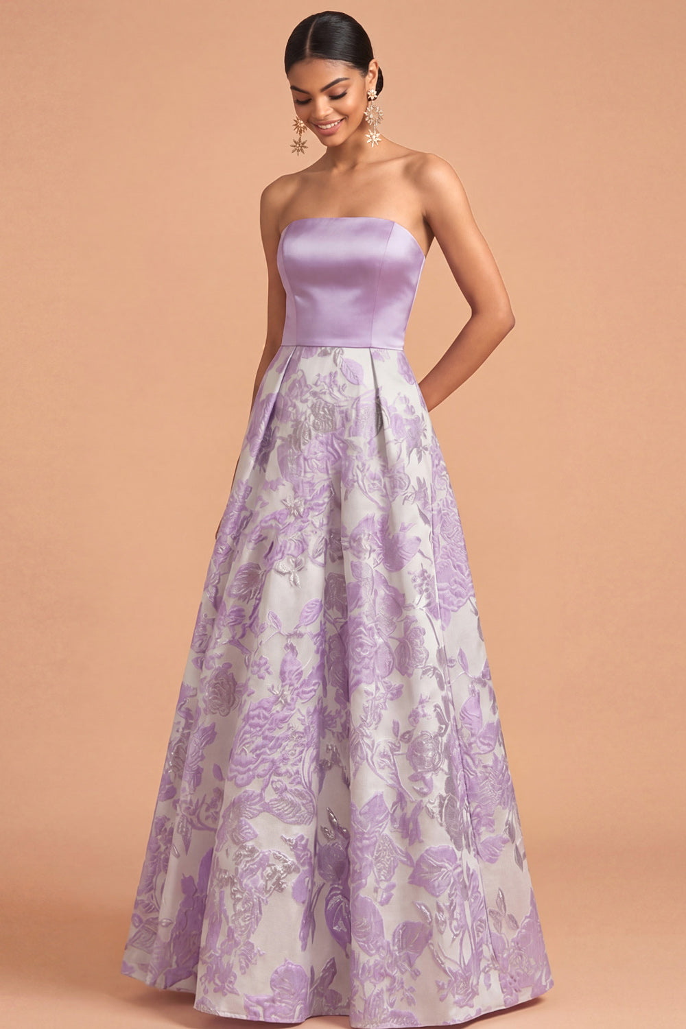Lilac Jacquard A Line Floral Long Wedding Guest Dress
