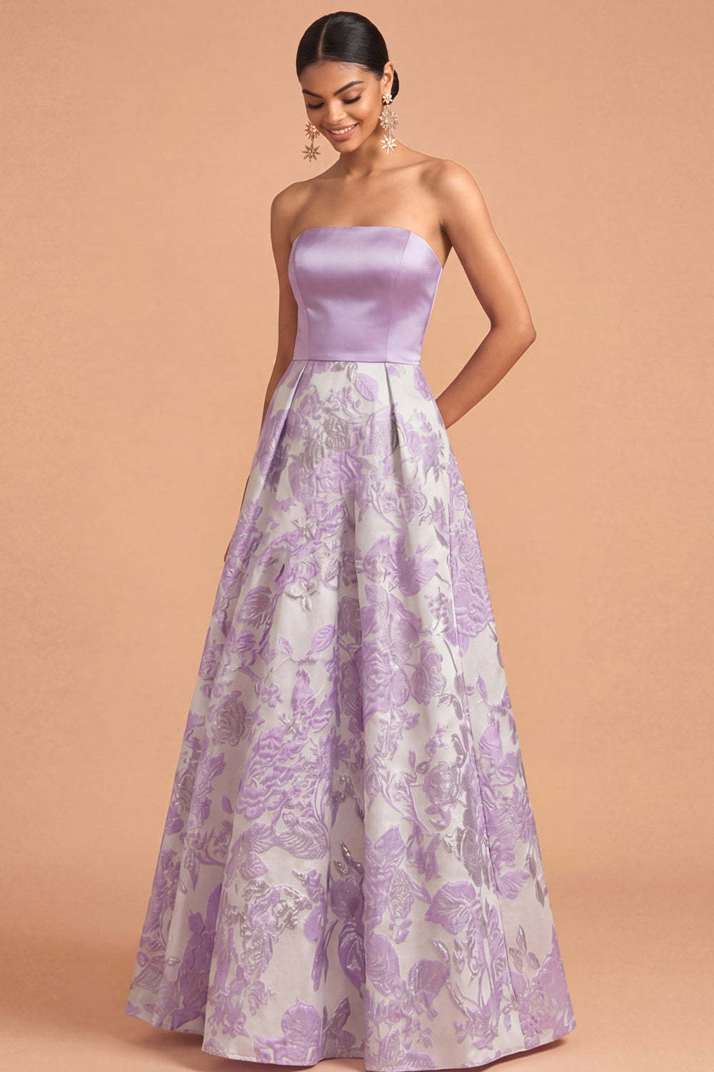 Leely Women Lilac Jacquard A Line Floral Long Wedding Guest Dress Backless Strapless Formal Dress