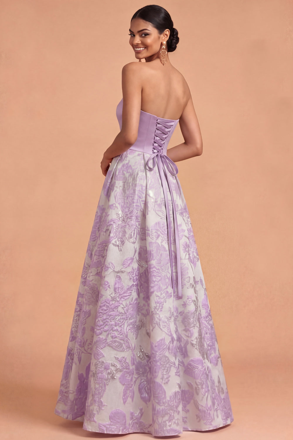 Lilac Jacquard A Line Floral Long Wedding Guest Dress