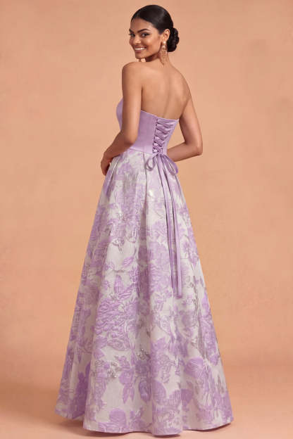 Lilac Jacquard A Line Floral Long Wedding Guest Dress