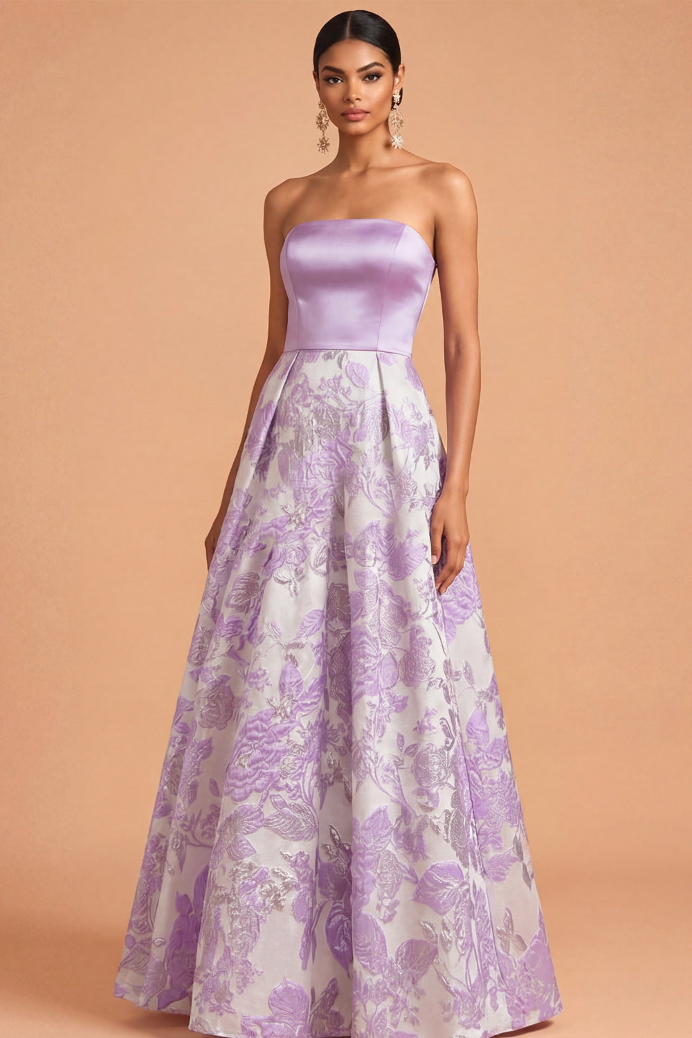 Lilac Jacquard A Line Floral Long Wedding Guest Dress