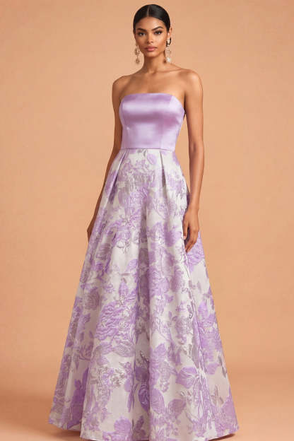 Lilac Jacquard A Line Floral Long Wedding Guest Dress