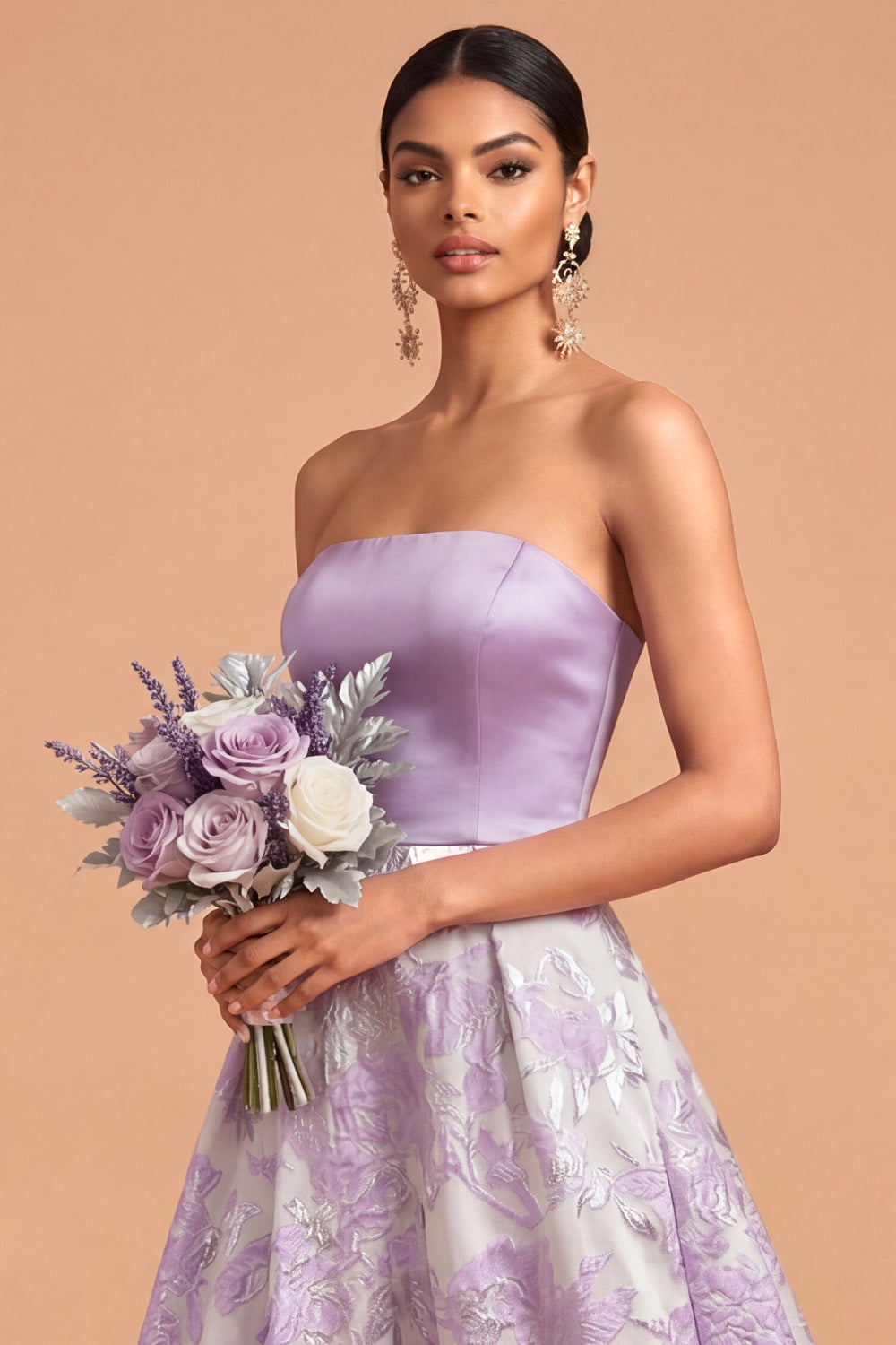 Lilac Jacquard A Line Floral Long Wedding Guest Dress