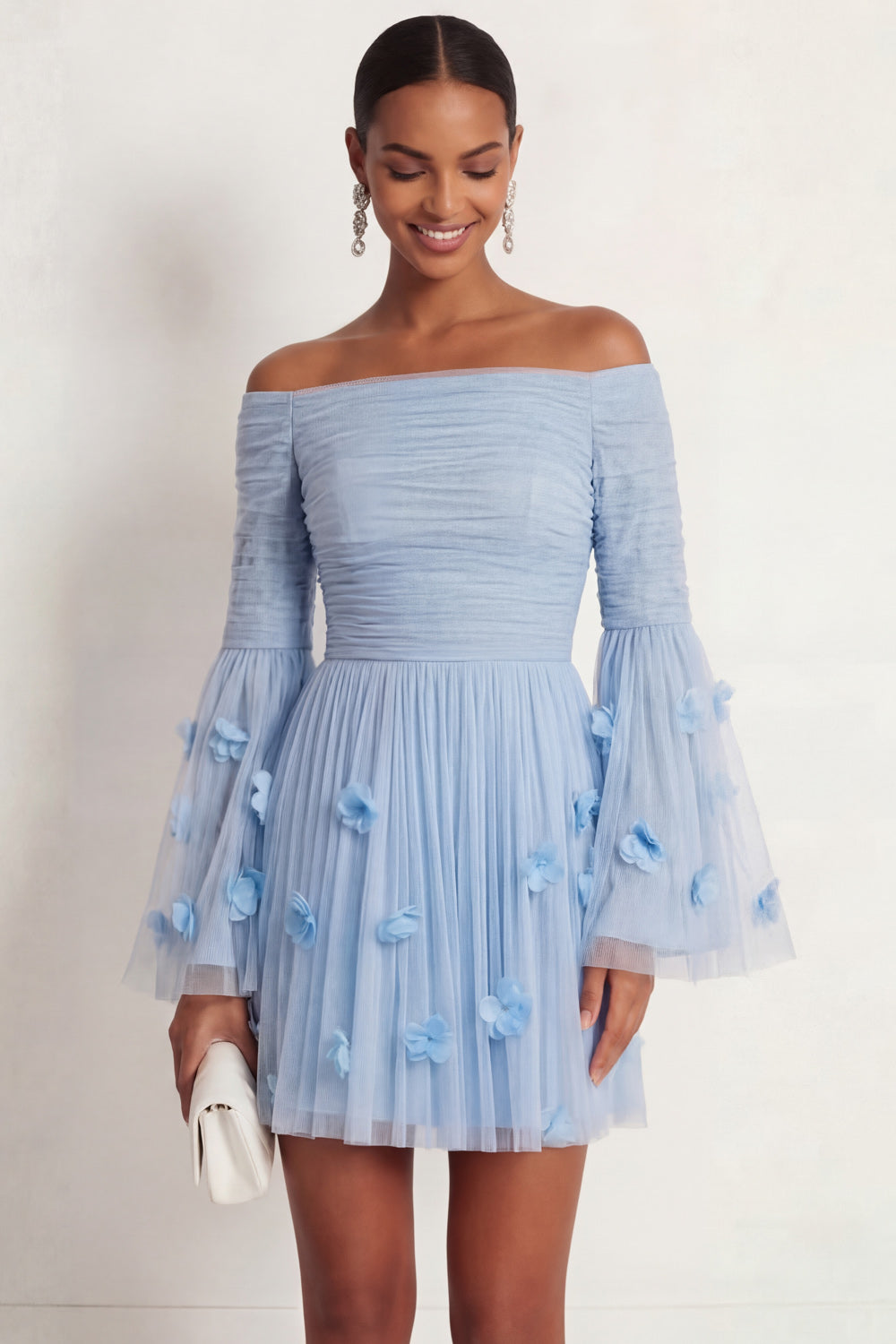 Leely Women Light Blue Short A Line Wedding Guest Dress with Applique Flutter Sleeves Off the Shoulder Garden Party Dress