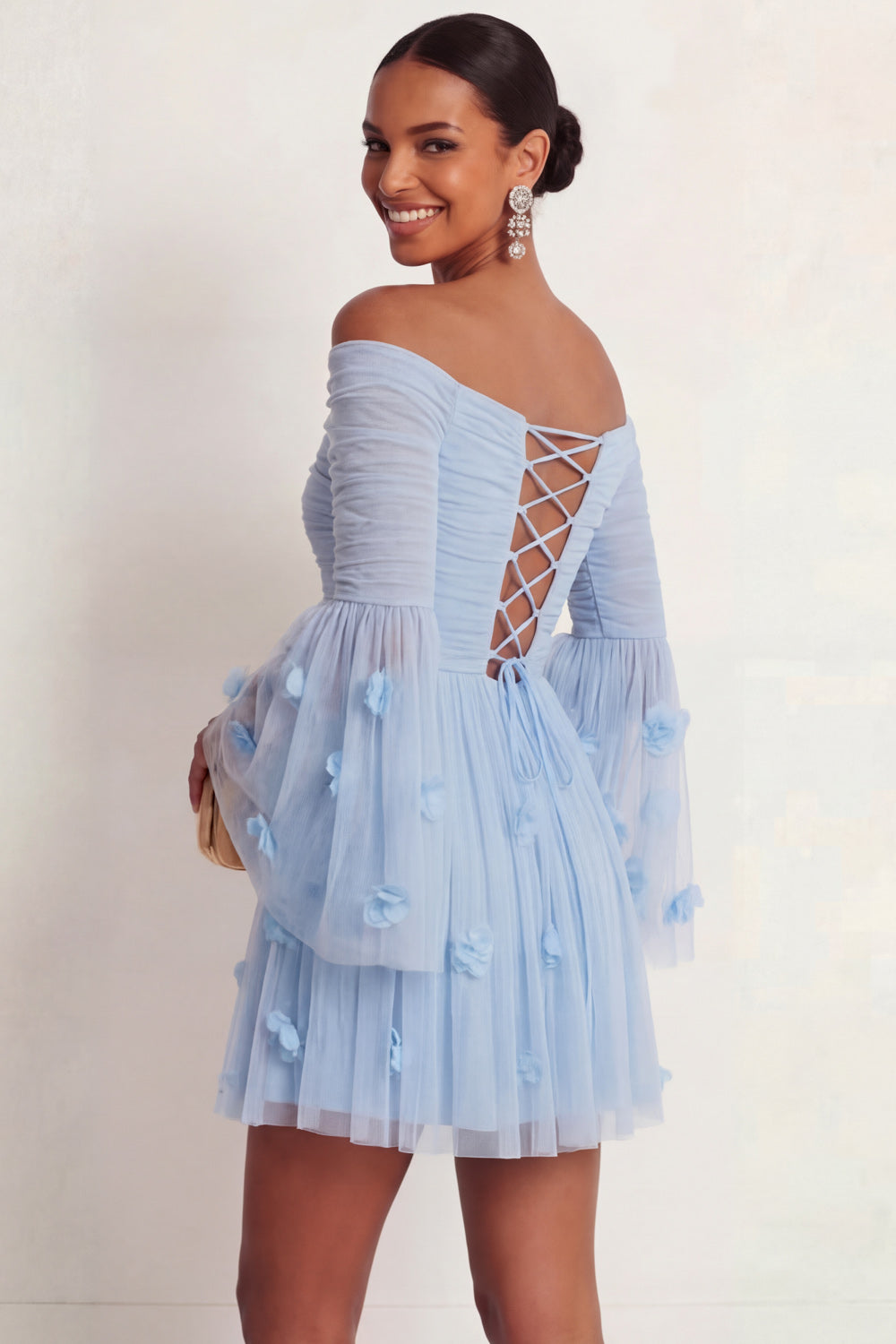 Light Blue Flutter Sleeves Short Wedding Guest Dress with Applique