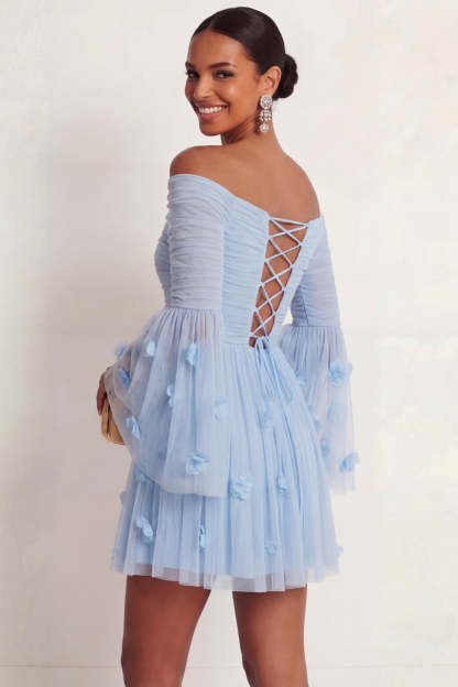 Light Blue Flutter Sleeves Short Wedding Guest Dress with Applique
