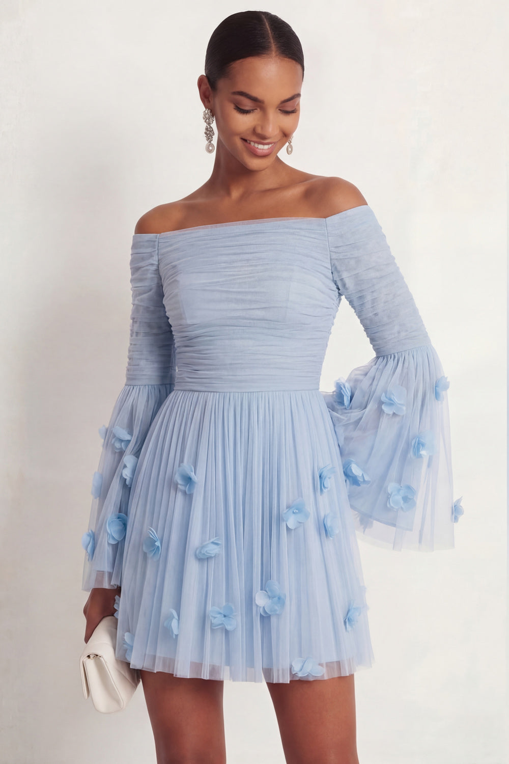 Light Blue Flutter Sleeves Short Wedding Guest Dress with Applique