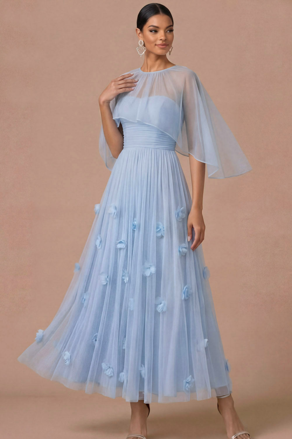 Leely Women Light Blue Floral A Line Long Wedding Guest Dress Backless Appliqued Strapless Formal Dress