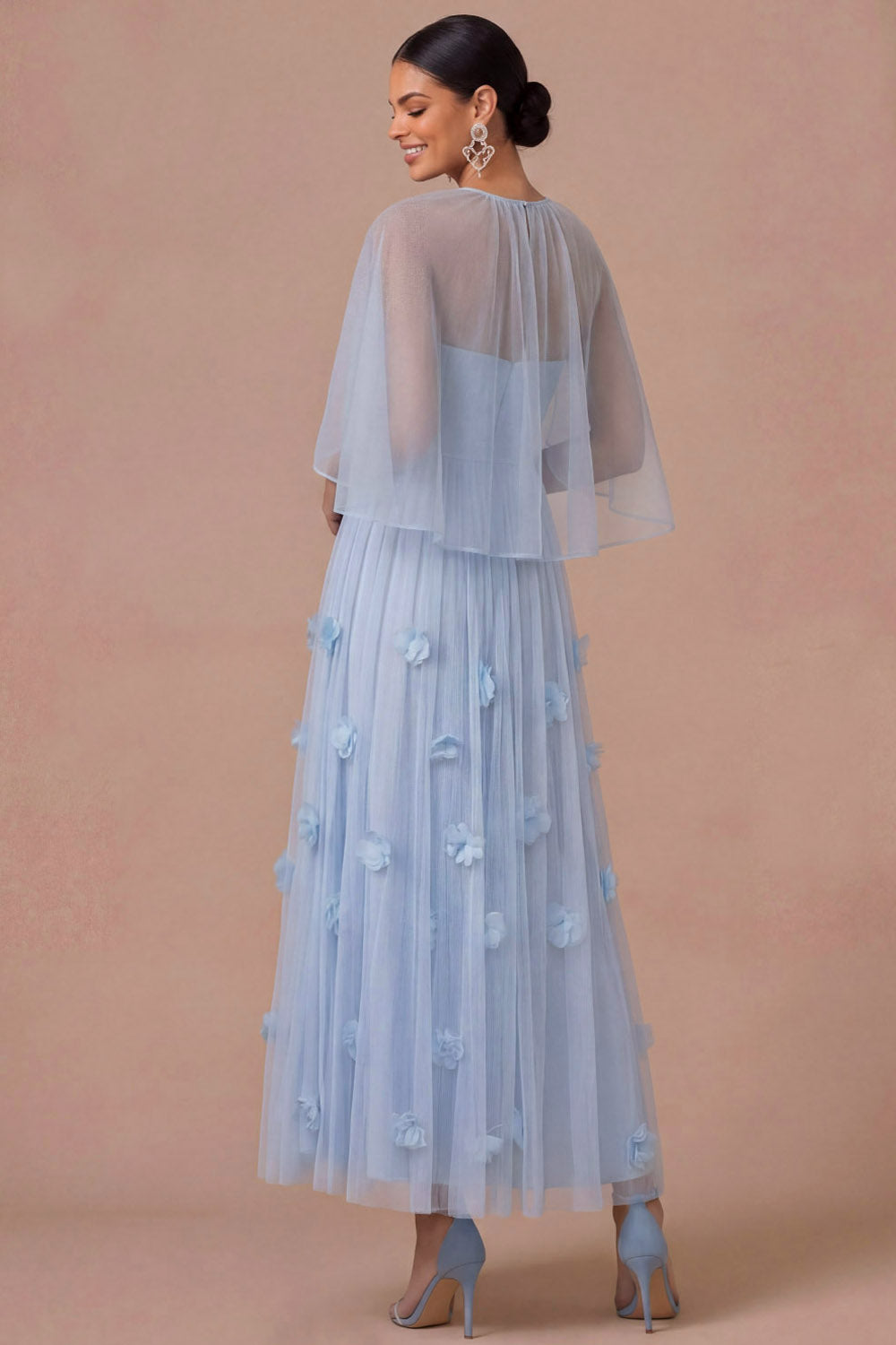 Light Blue Floral A Line Appliqued Strapless Long Wedding Guest Dress