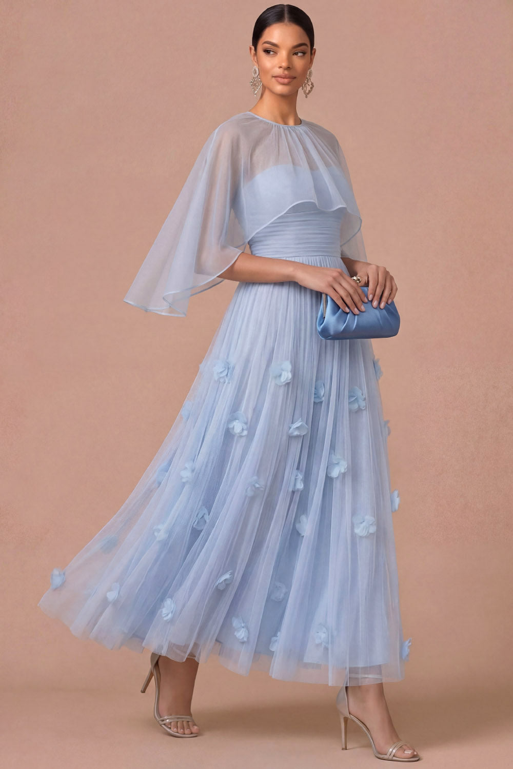 Light Blue Floral A Line Appliqued Strapless Long Wedding Guest Dress