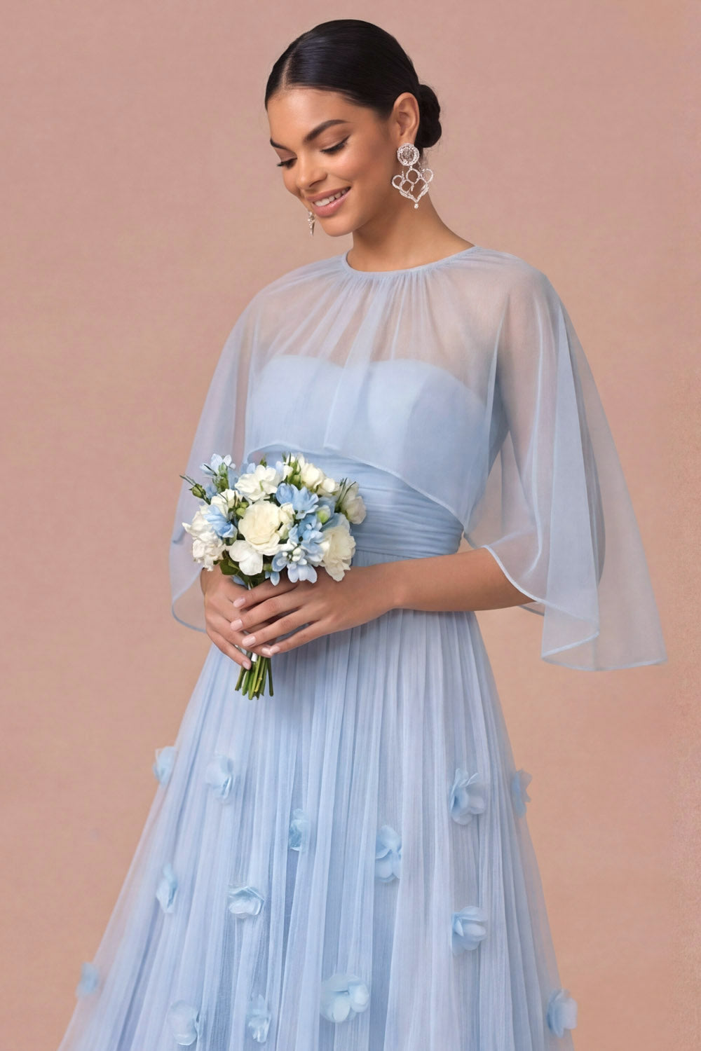 Light Blue Floral A Line Appliqued Strapless Long Wedding Guest Dress