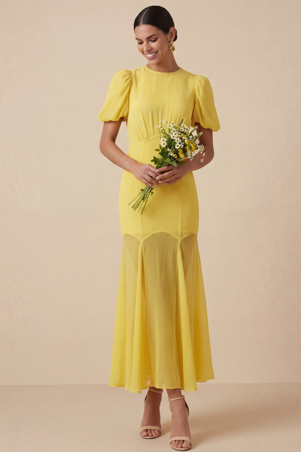 Leely Women Light Yellow Long Mermaid Wedding Guest Dress with Sleeves Jewel Neck Garden Party Dress