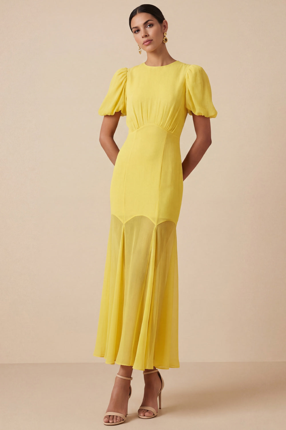 Light Yellow Mermaid Long Wedding Guest Dress with Sleeves