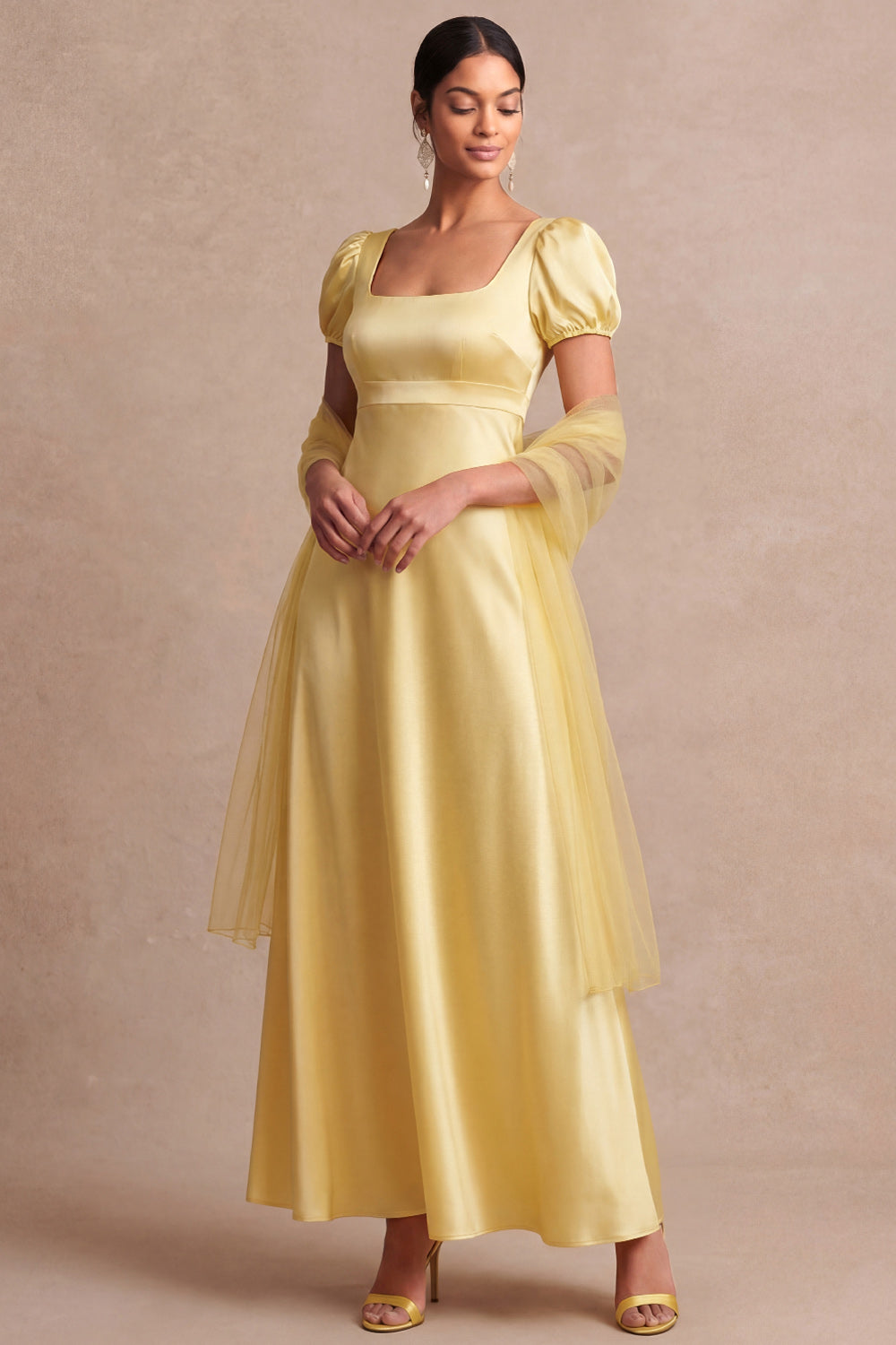 Leely Women Light Yellow Long A Line Wedding Guest Dress with Sleeves Square Neck Evening Dress