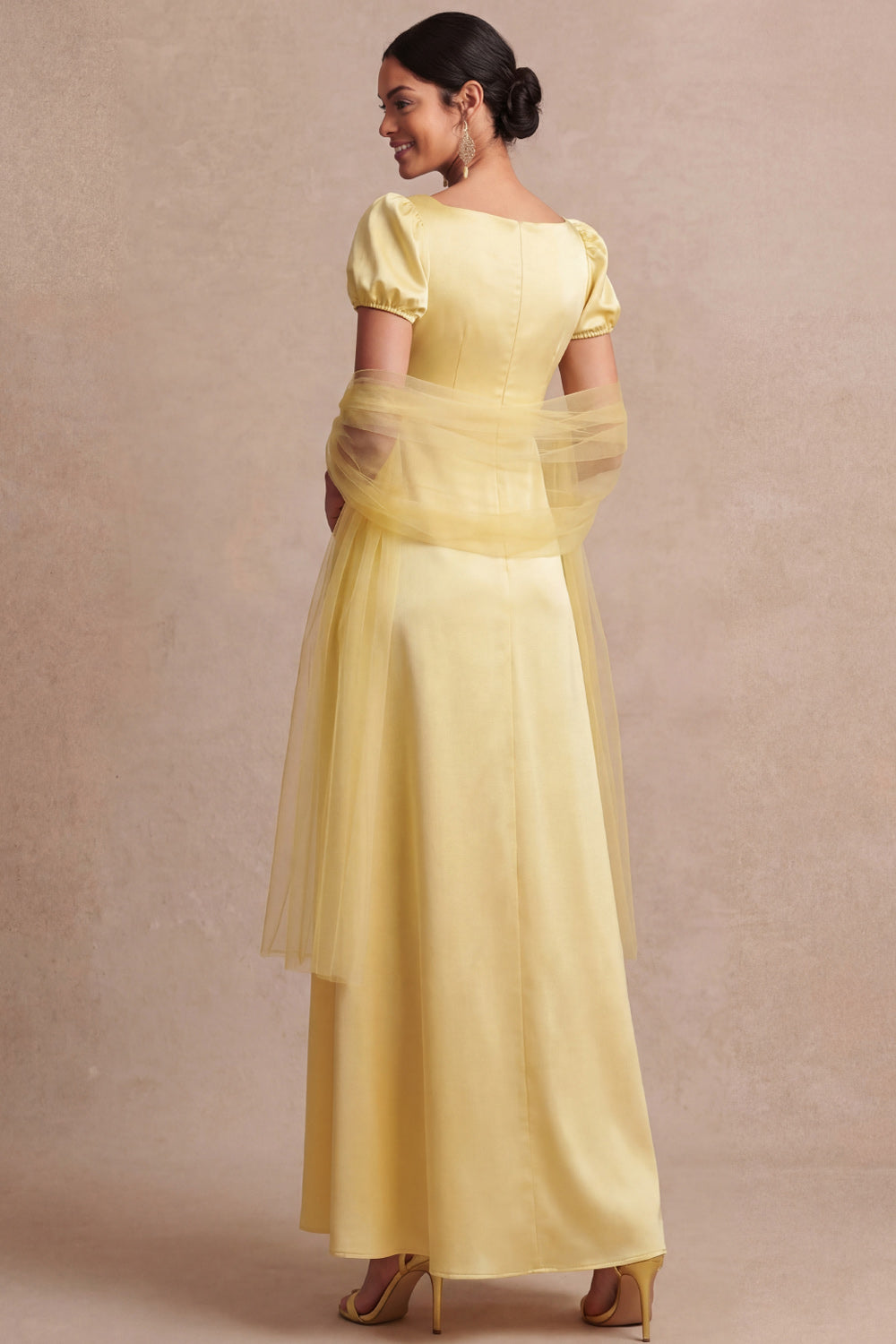 Light Yellow A Line Empire Waist Long Wedding Guest Dress with Sleeves
