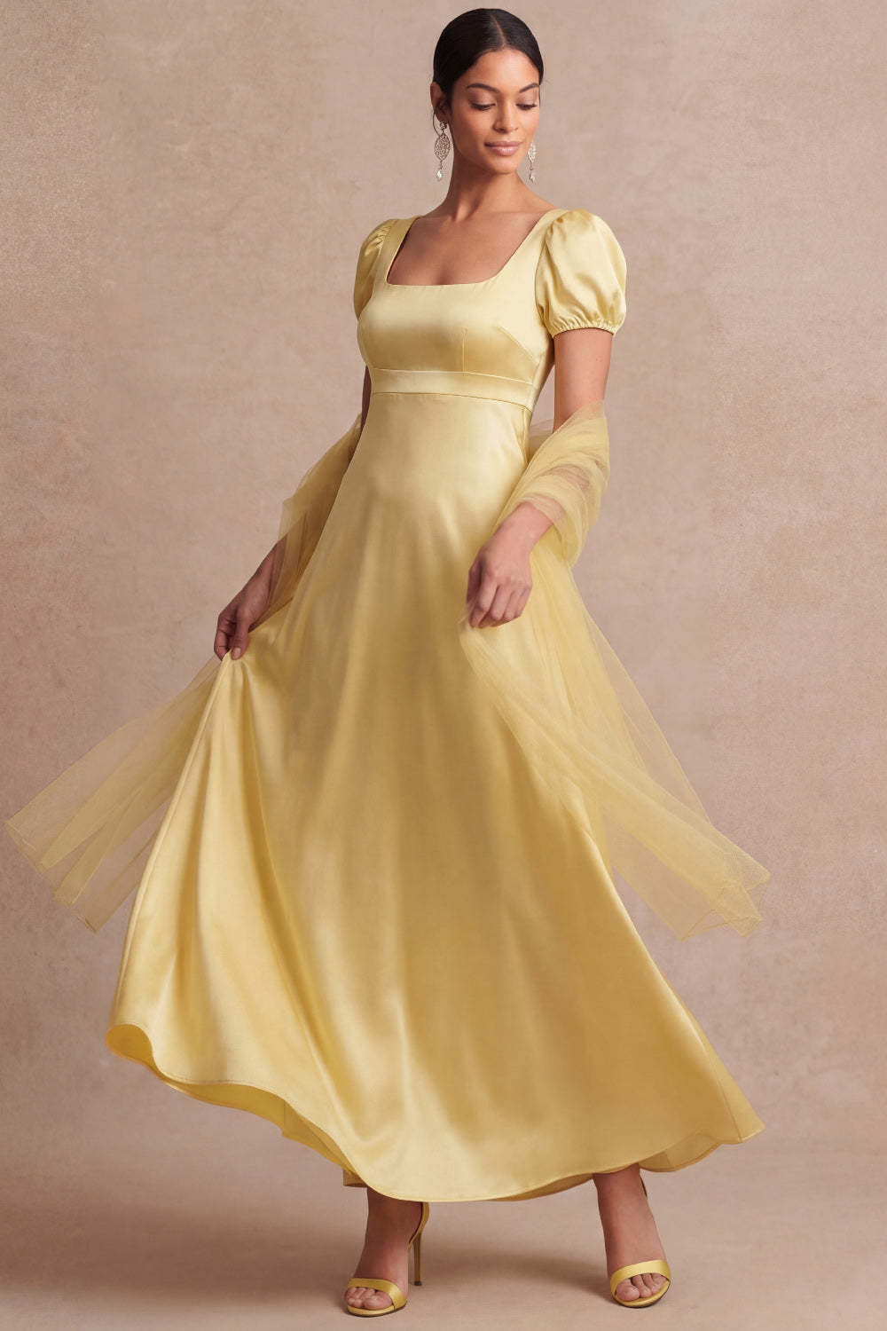 Light Yellow A Line Empire Waist Long Wedding Guest Dress with Sleeves