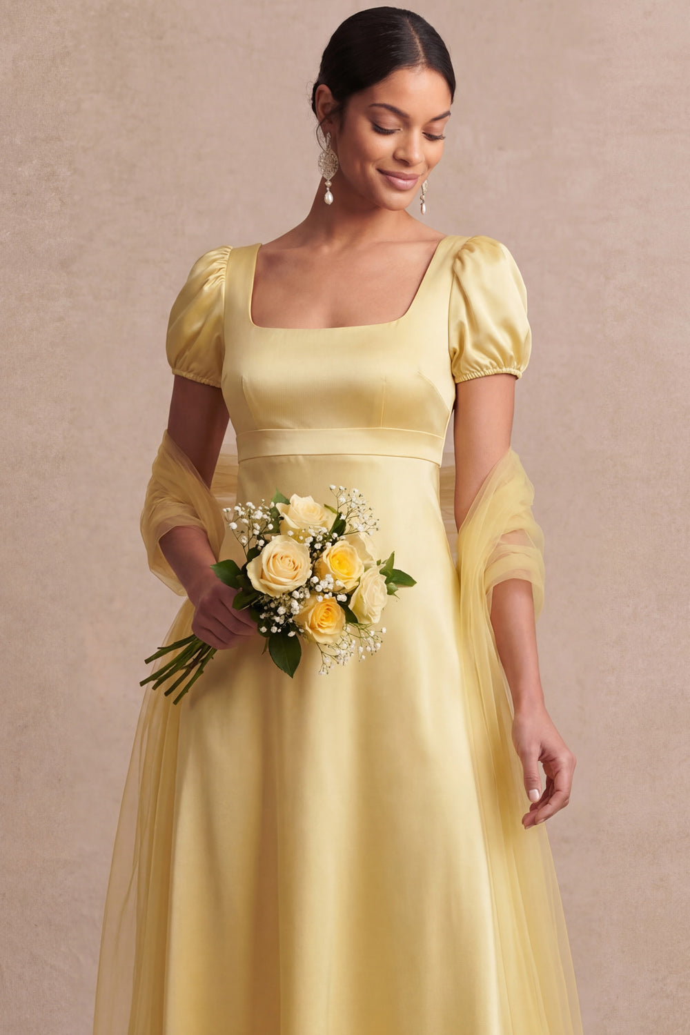 Light Yellow A Line Empire Waist Long Wedding Guest Dress with Sleeves