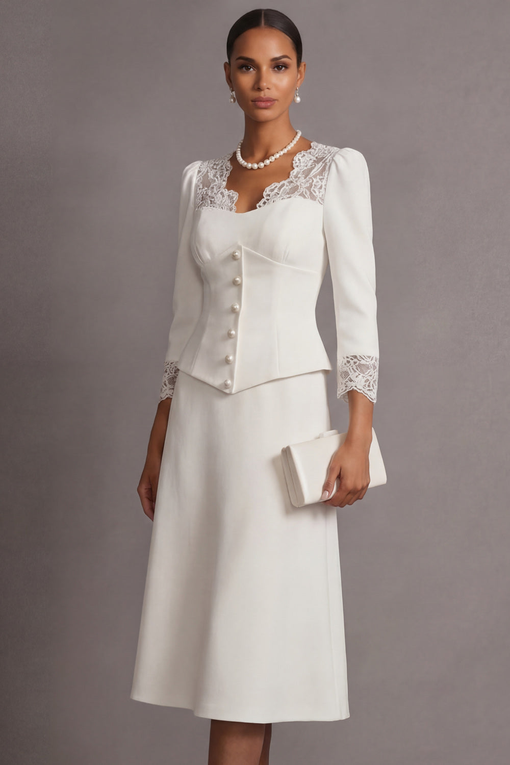 Leely Women White A Line Midi Wedding Reception Dress with Lace Breasted Long Sleeves Engagement Dress
