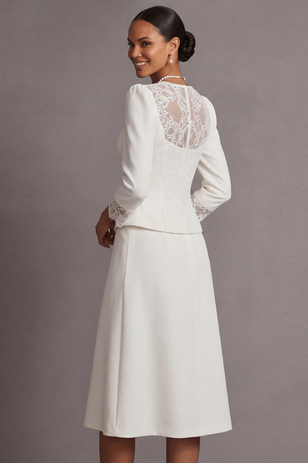 White A Line Breasted Long Sleeves Midi Wedding Reception Dress with Lace