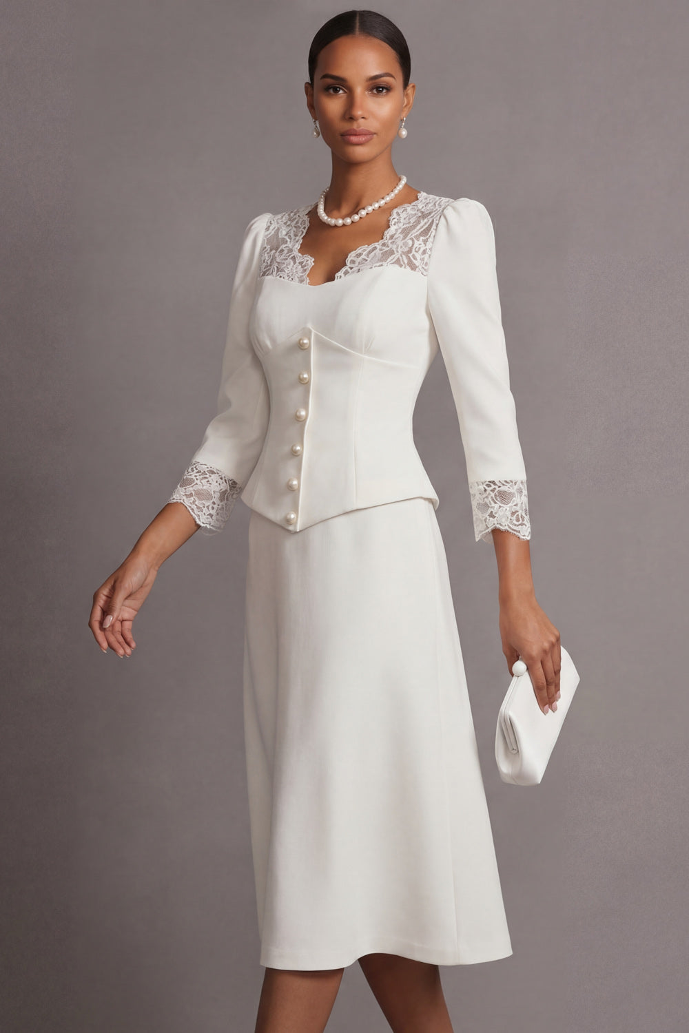 White A Line Breasted Long Sleeves Midi Wedding Reception Dress with Lace
