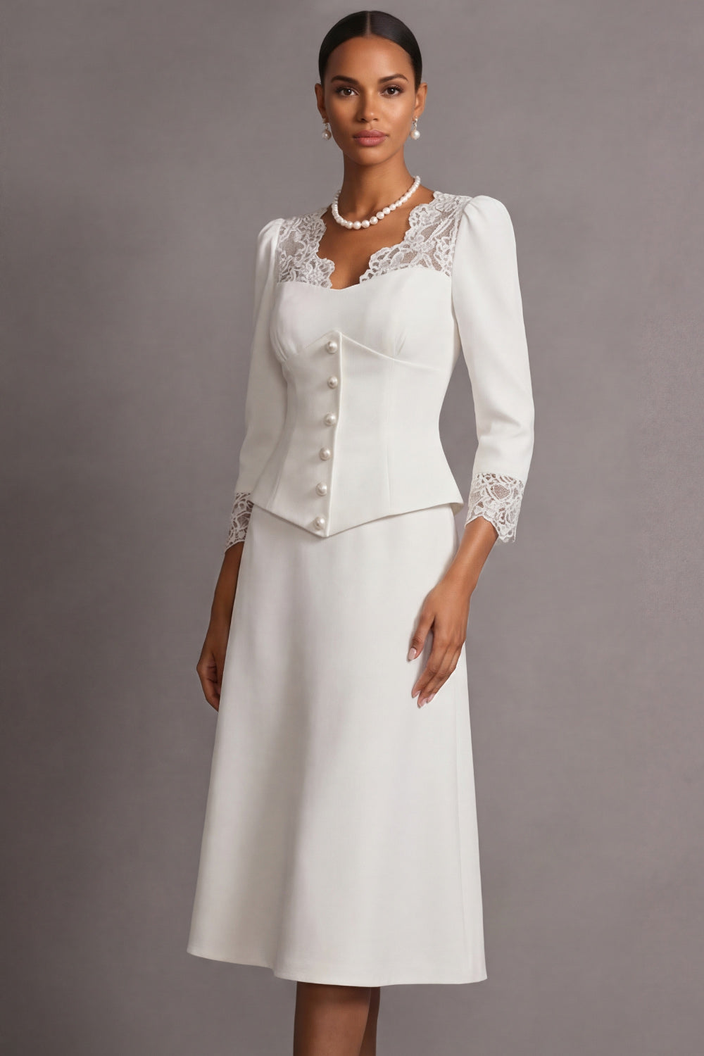 White A Line Breasted Long Sleeves Midi Wedding Reception Dress with Lace