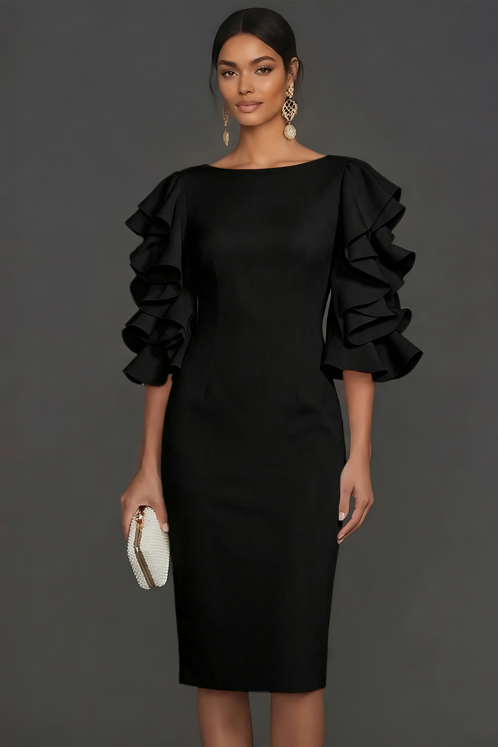 White Ruffled Half Sleeves Sheath Round Neck Midi Engagement Dress