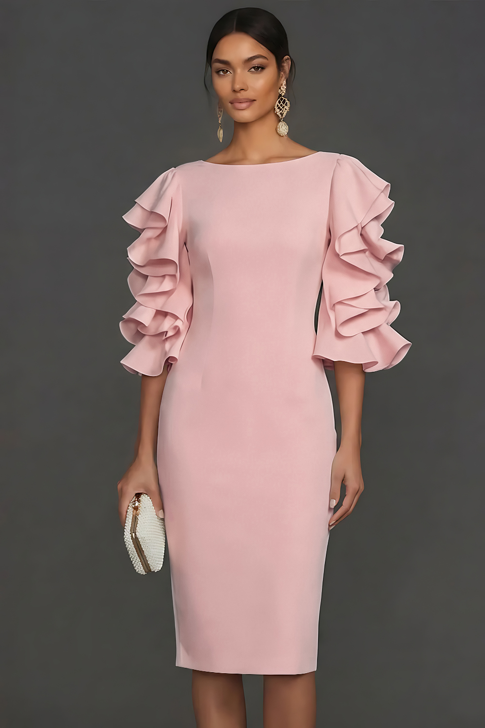 White Ruffled Half Sleeves Sheath Round Neck Midi Engagement Dress
