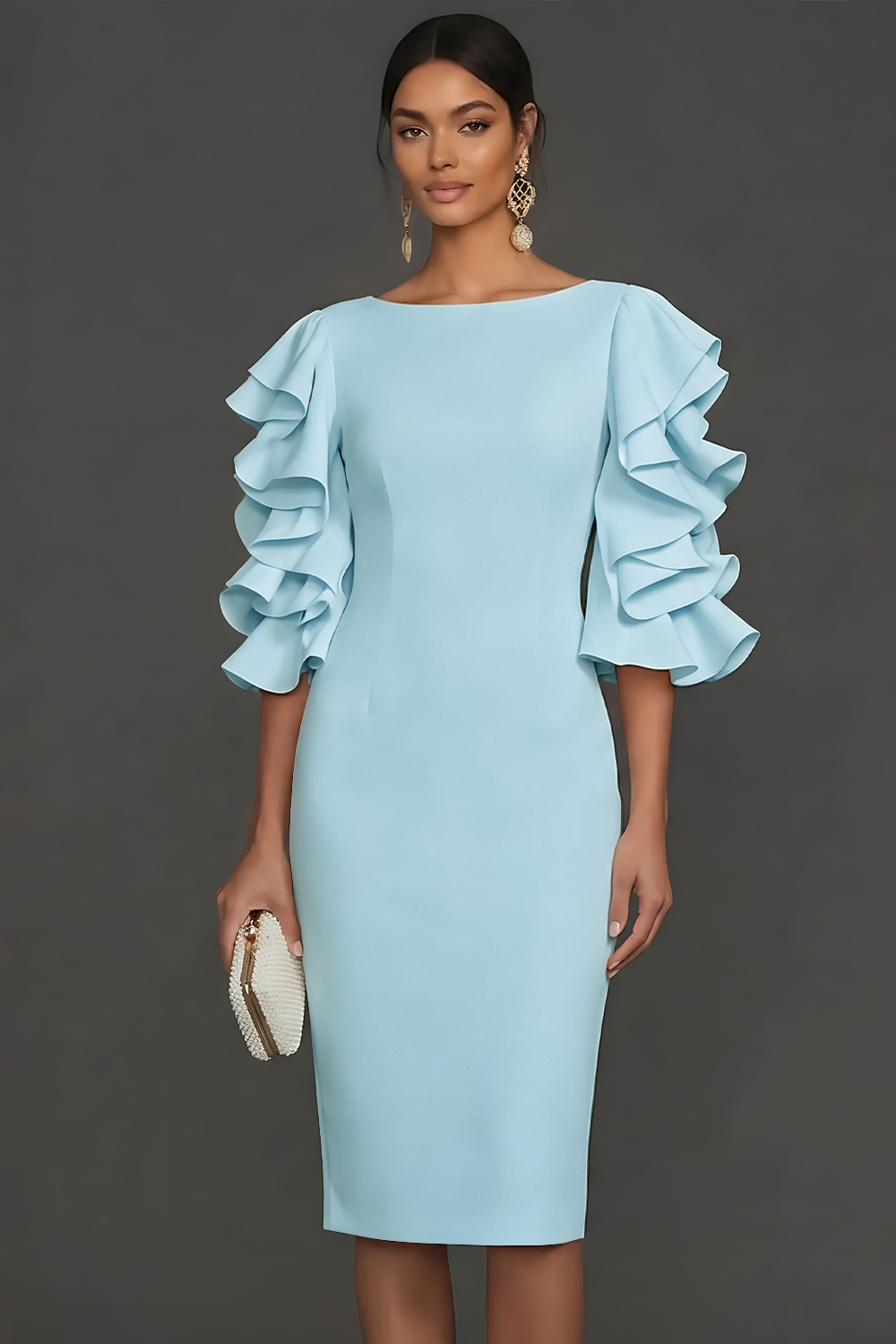 White Ruffled Half Sleeves Sheath Round Neck Midi Engagement Dress
