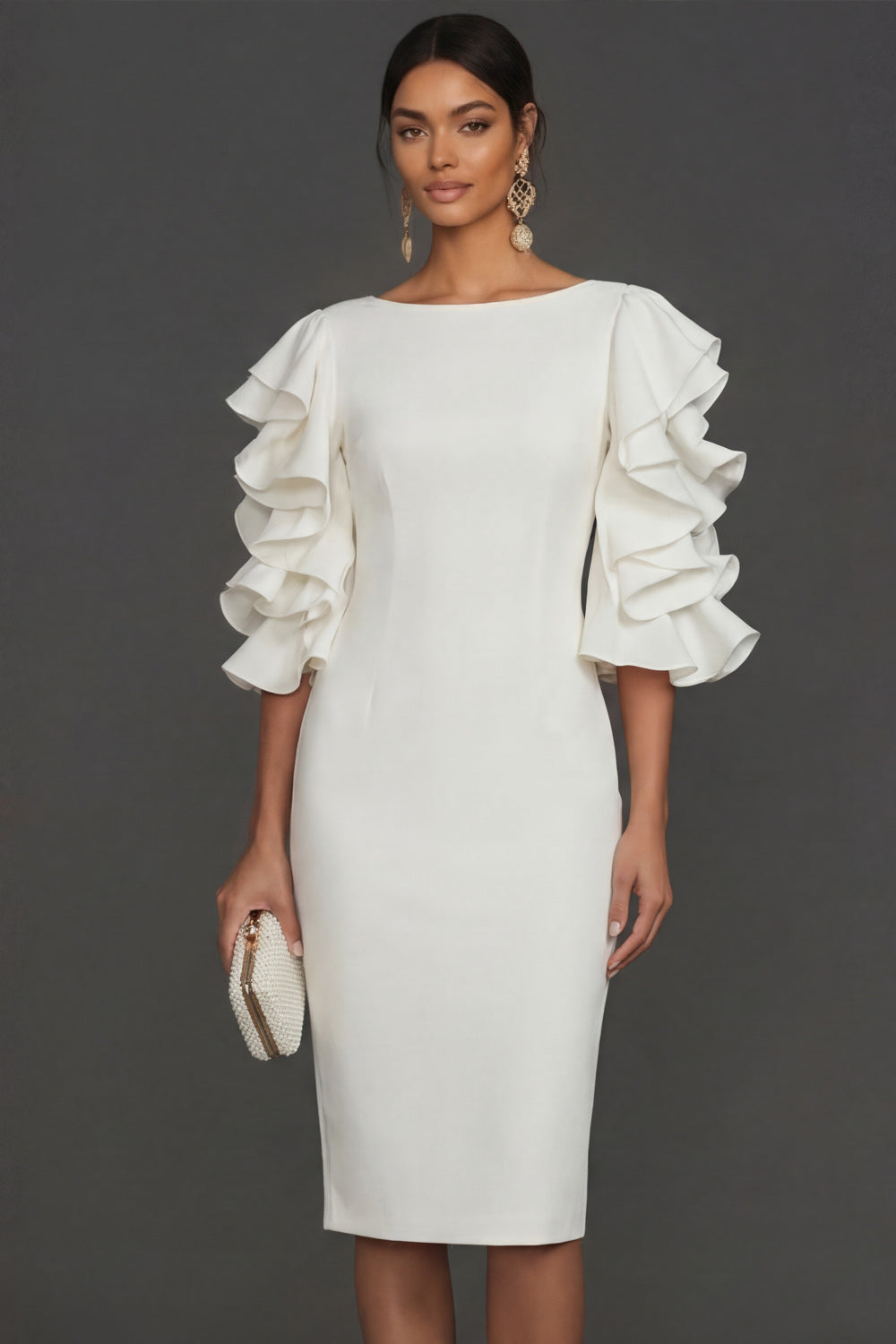 Leely Women White Sheath Round Neck Midi Engagement Dress Half Sleeves Ruffled Wedding Reception Dress