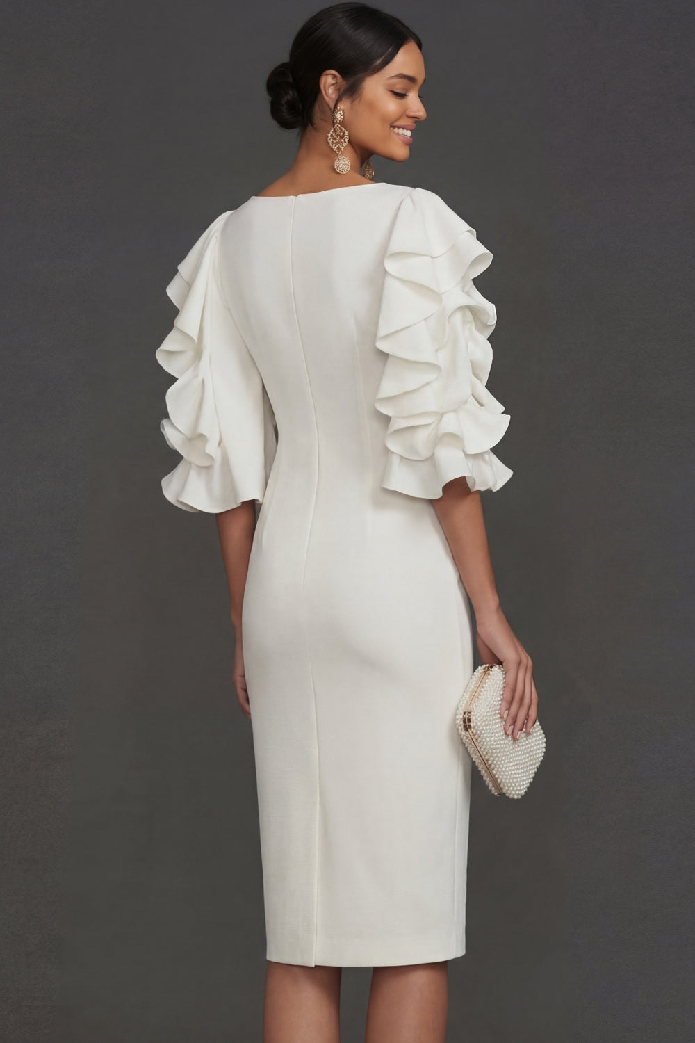 White Ruffled Half Sleeves Sheath Round Neck Midi Engagement Dress