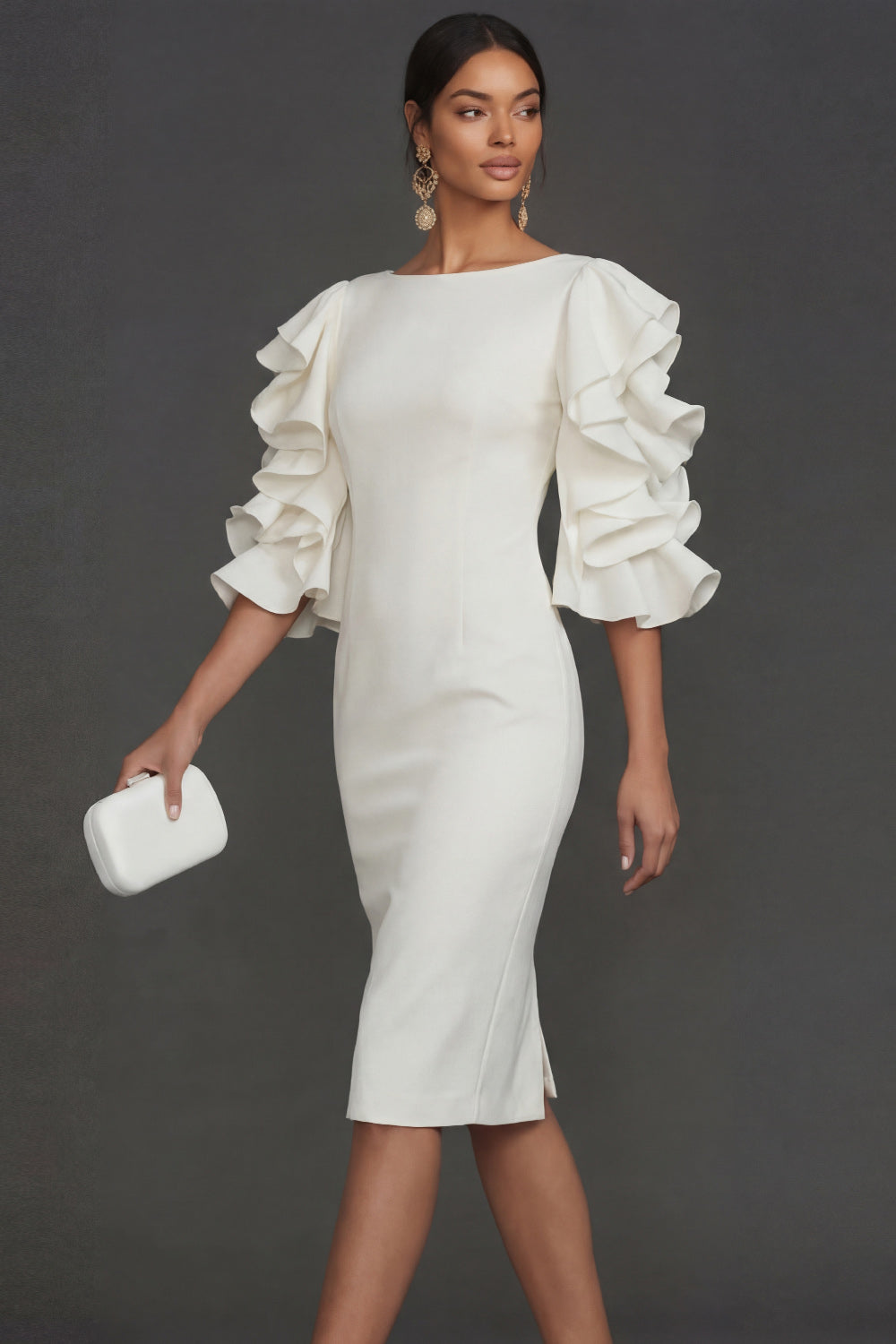 White Ruffled Half Sleeves Sheath Round Neck Midi Engagement Dress