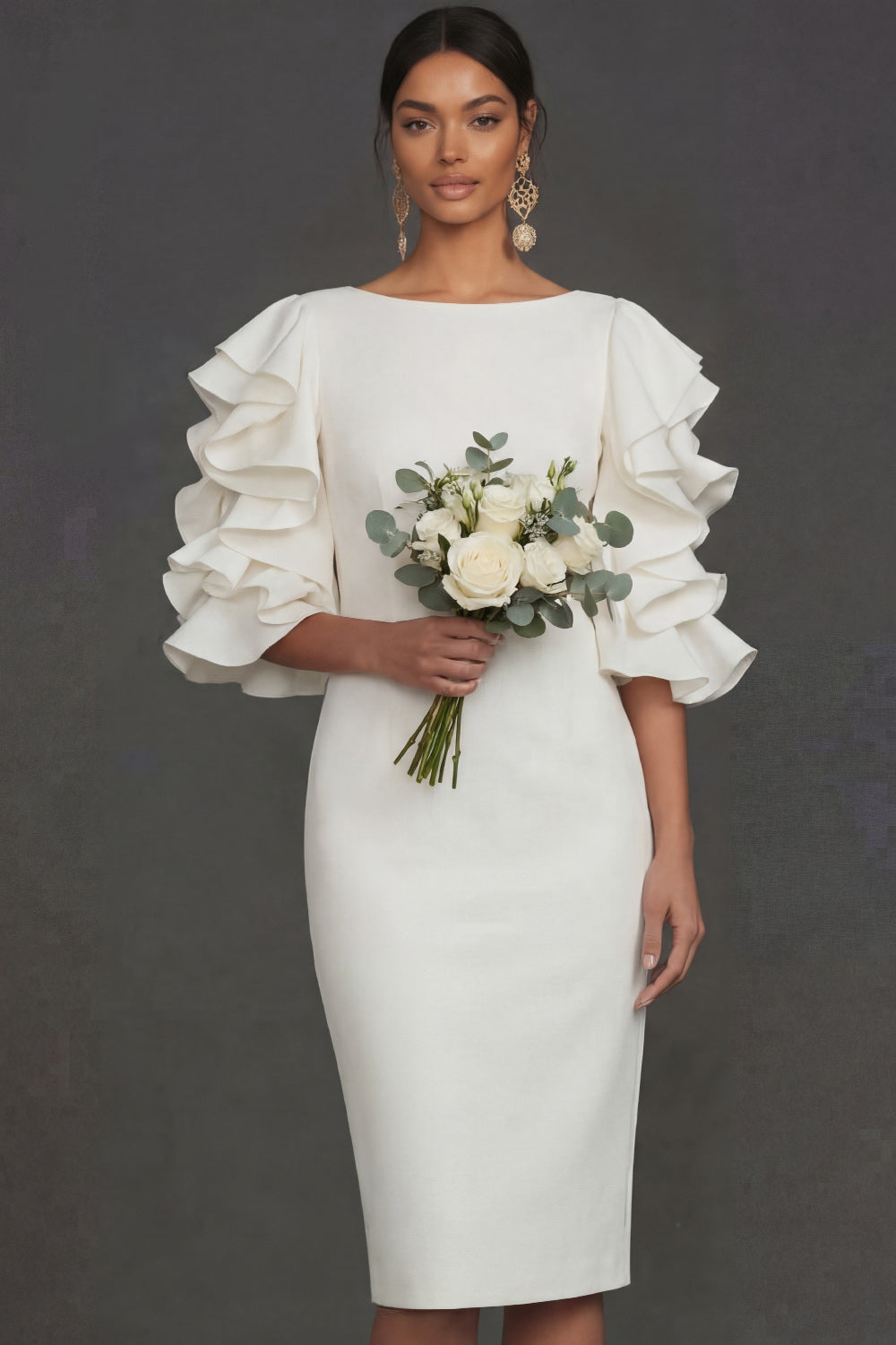 White Ruffled Half Sleeves Sheath Round Neck Midi Engagement Dress