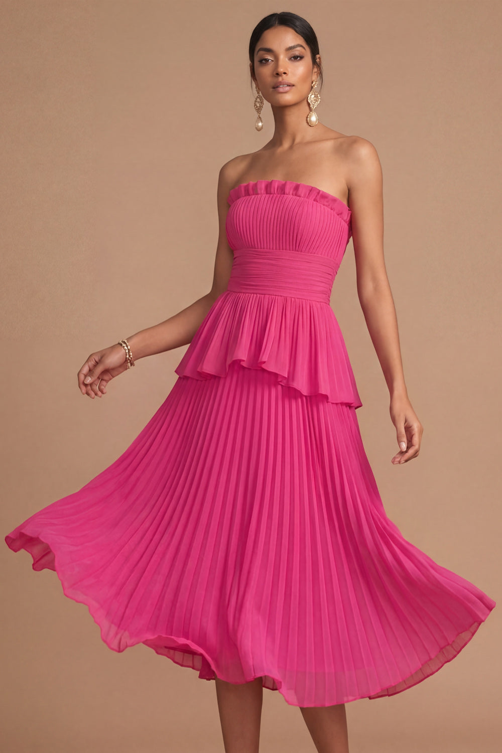 Raspberry Strapless A Line Pleated Midi Wedding Guest Dress