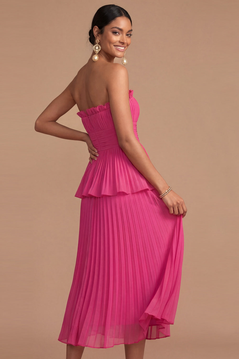 White Strapless A Line Pleated Midi Wedding Reception Dress