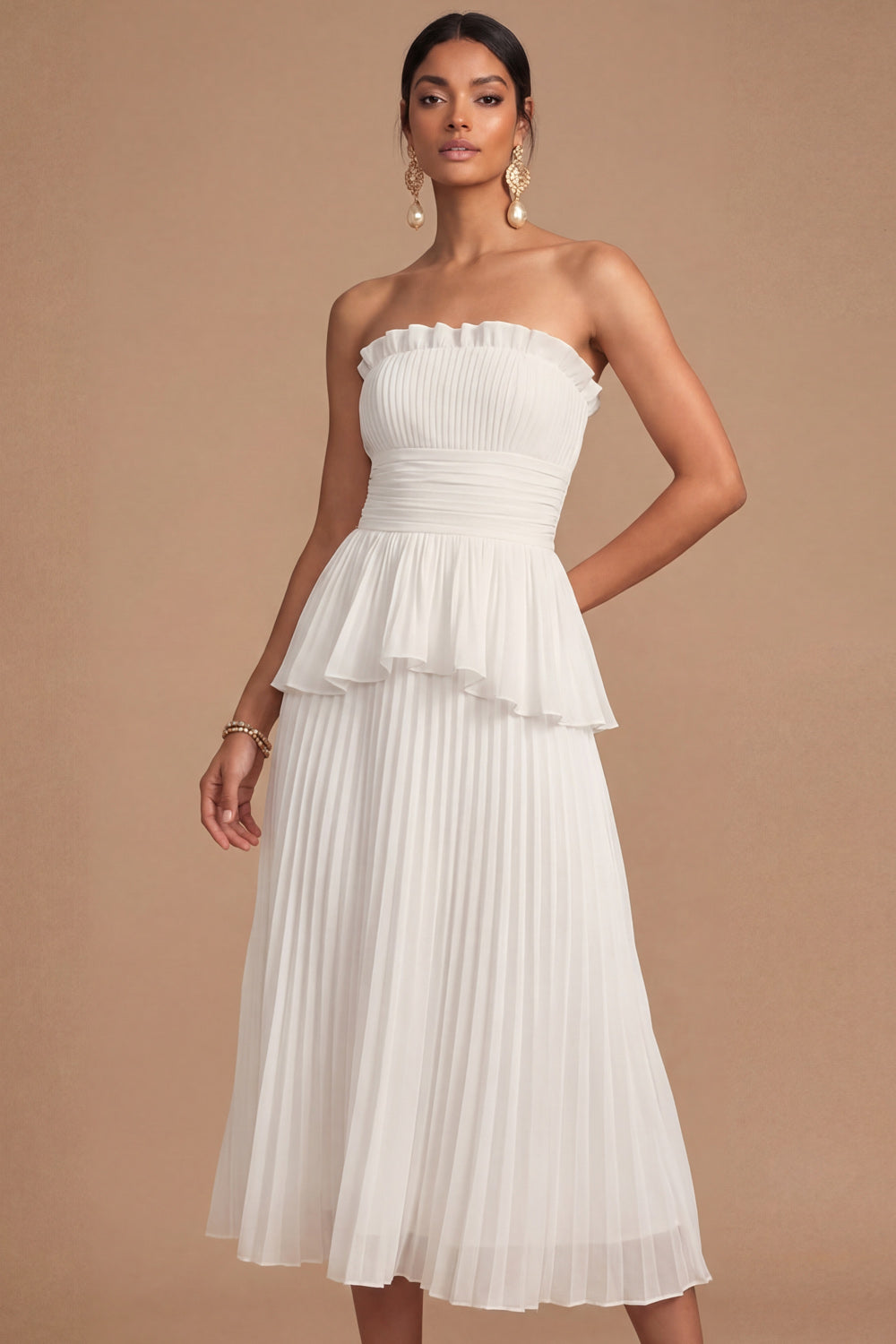 Leely Women White Midi A Line Wedding Reception Dress Strapless Pleated Ruffled Engagement Dress