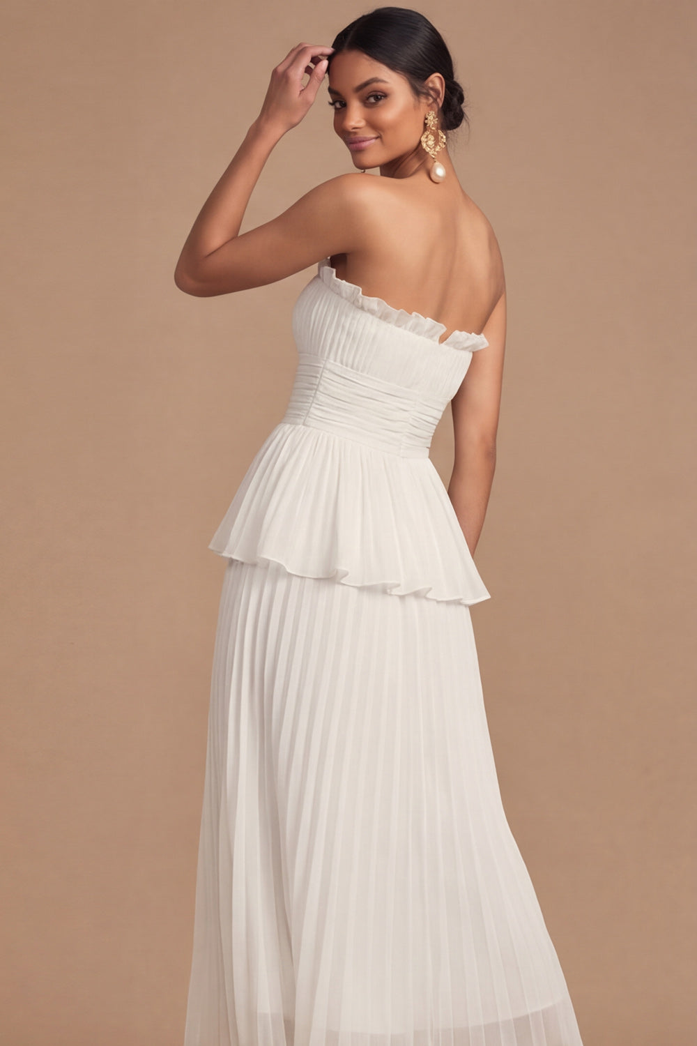 White Strapless A Line Pleated Midi Wedding Reception Dress